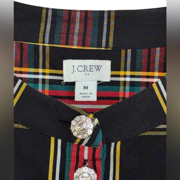 J. CREW Jeweled Button Popover Top Stewart Tartan Plaid Long Sleeve Stretch M - Picture 4 of 12